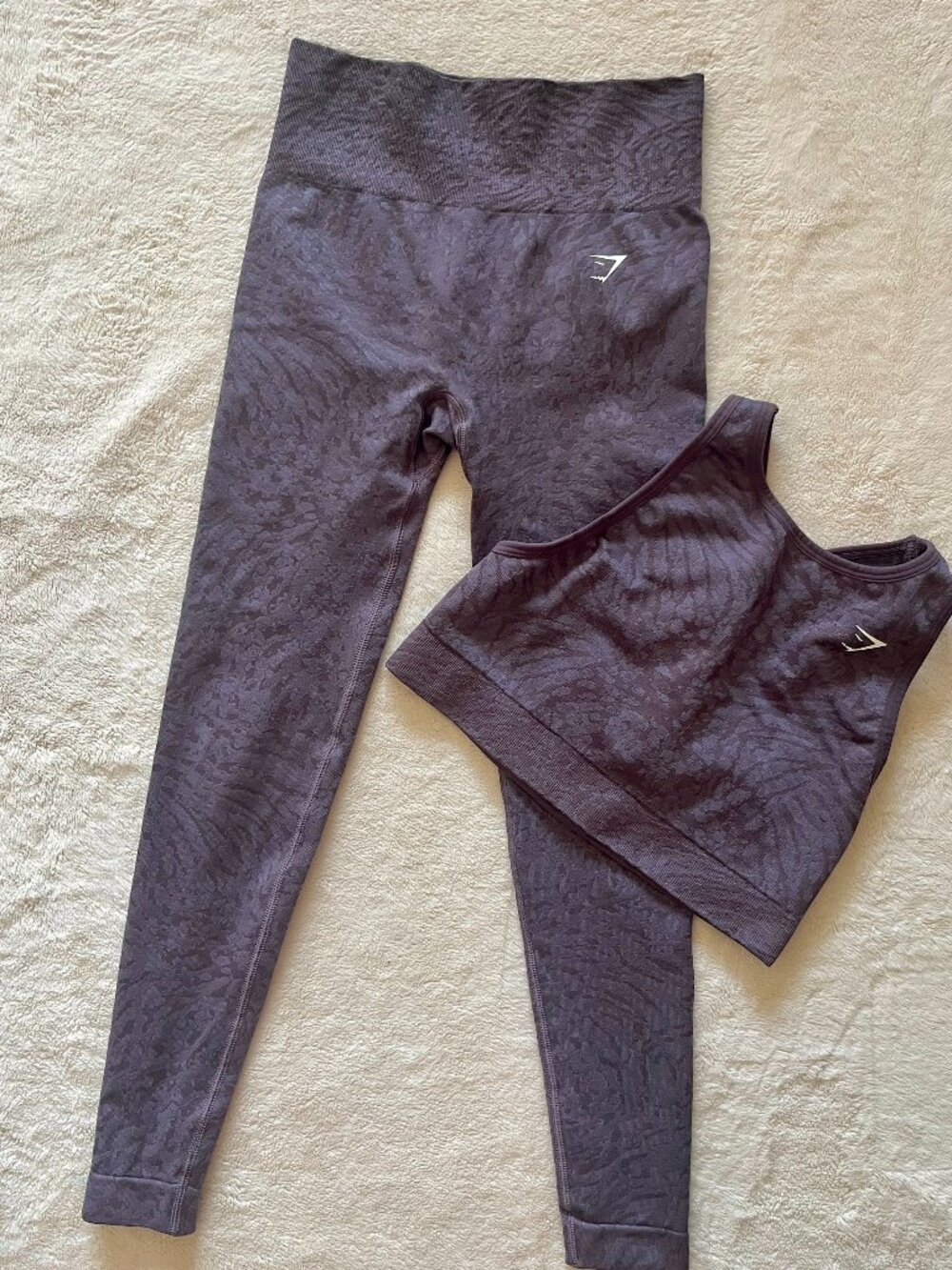 Gymshark Purple Pattern Matching Set | Scrunch Leggings S + Sports Bra M